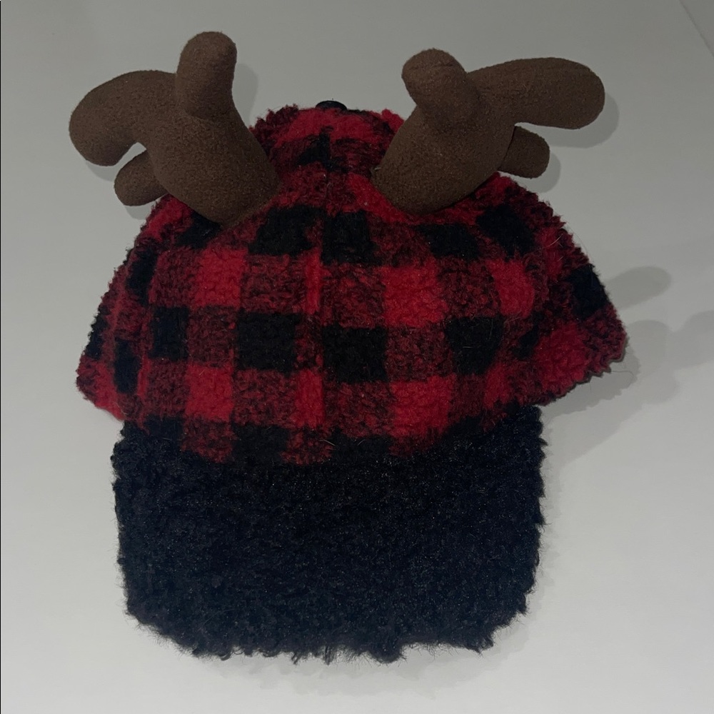 Holiday time Red and Black Plaid Hat with Antlers